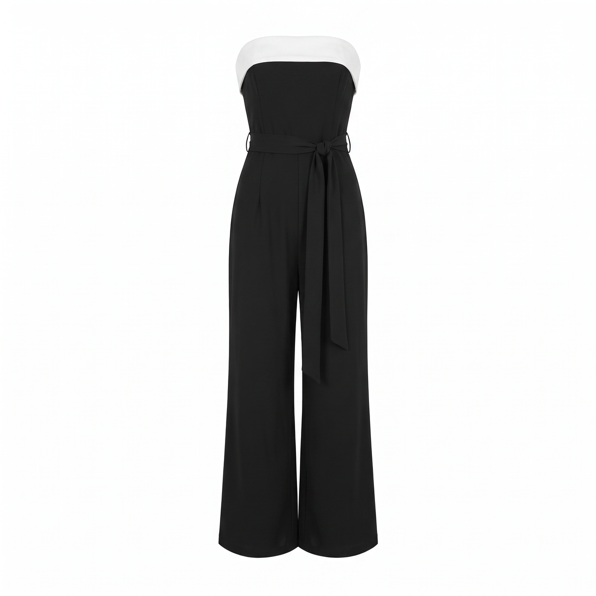 Two-Tone Strapless Belted Wide-Leg Jumpsuit