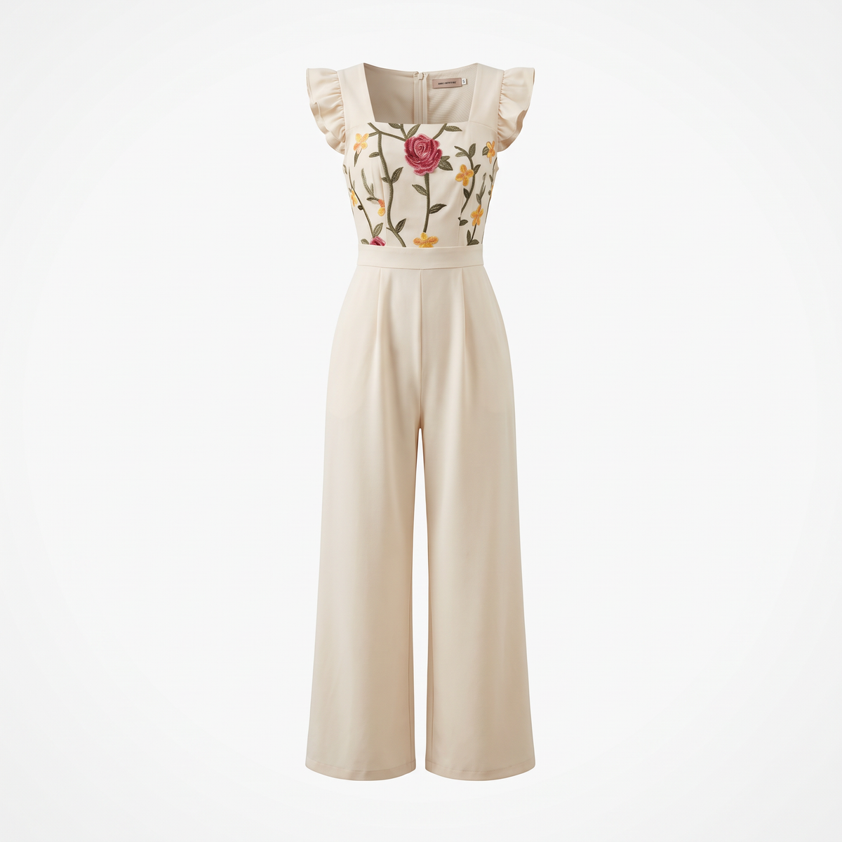 Floral Embroidered Ruffle Strap Wide-Leg Jumpsuit