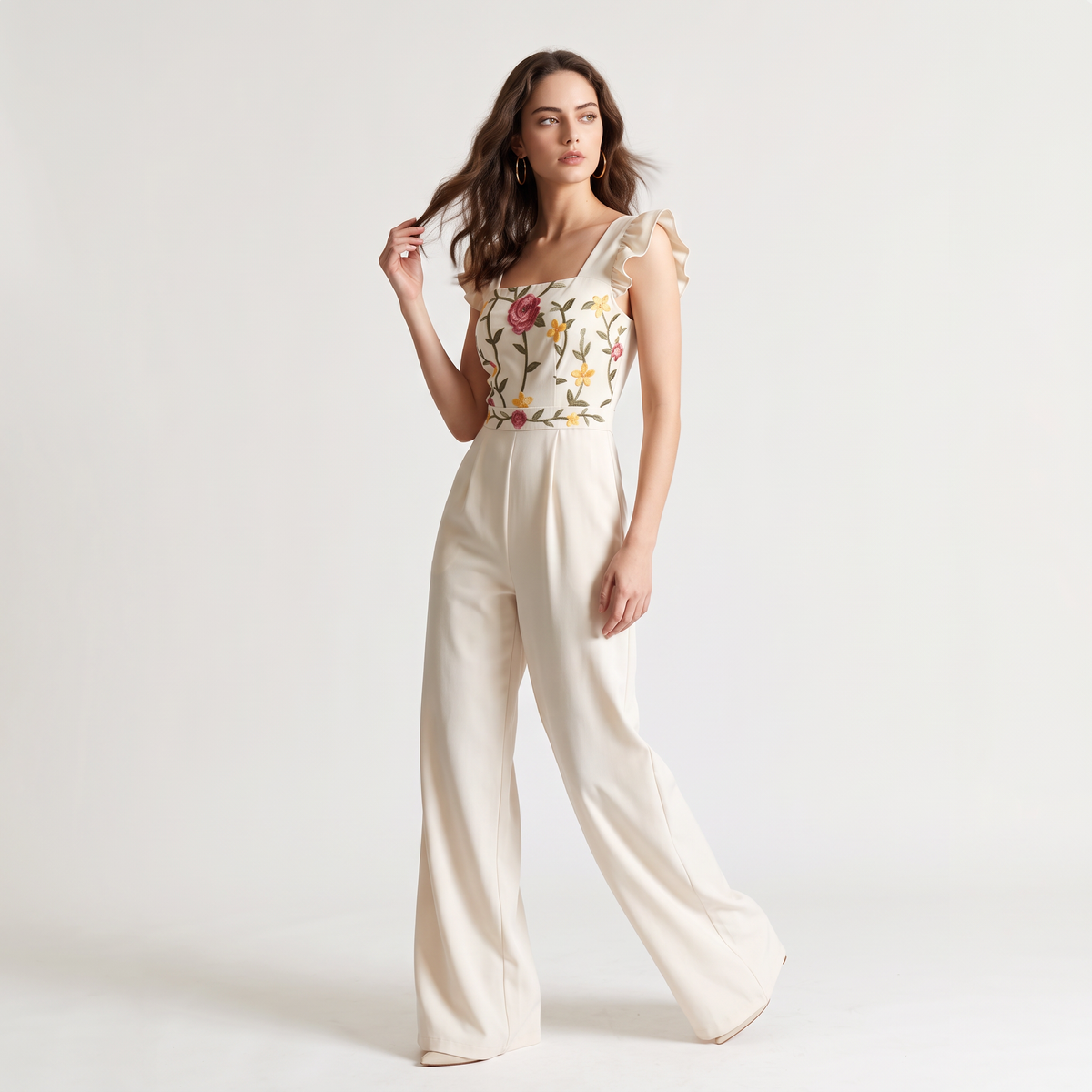 Floral Embroidered Ruffle Strap Wide-Leg Jumpsuit