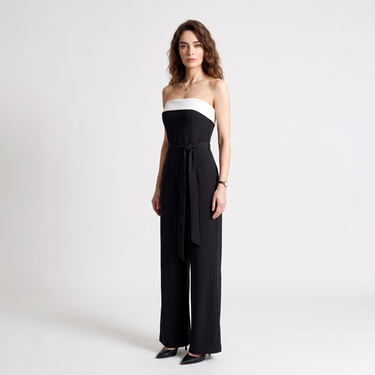 Two-Tone Strapless Belted Wide-Leg Jumpsuit