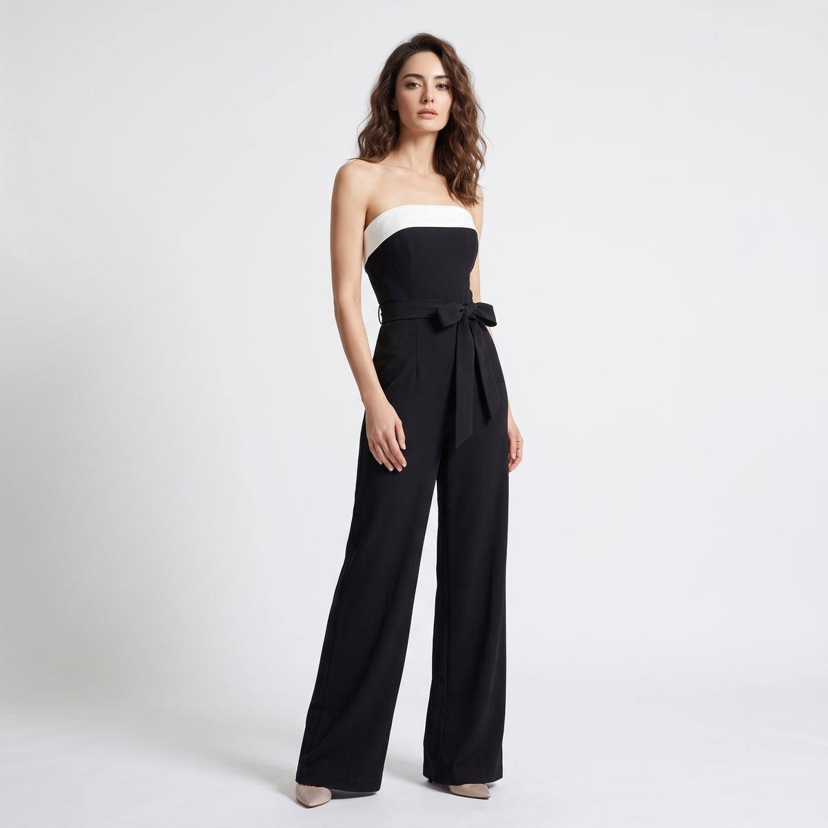 Two-Tone Strapless Belted Wide-Leg Jumpsuit