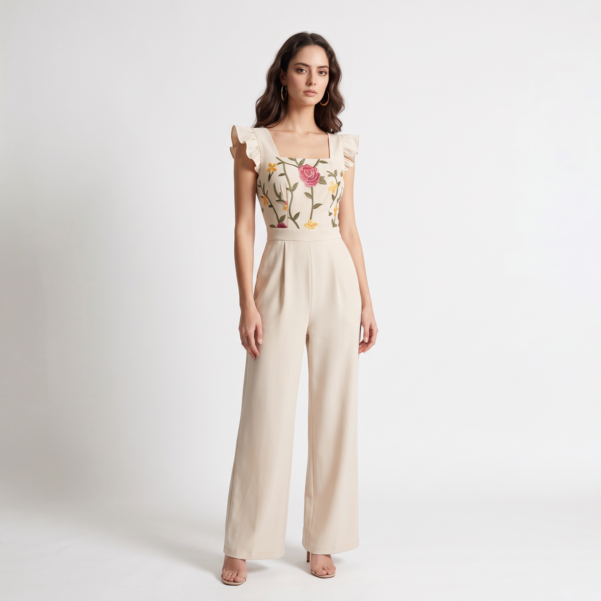 Floral Embroidered Ruffle Strap Wide-Leg Jumpsuit